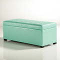 Light blue faux leather storage bench from highchairhaven, positioned diagonally, showcasing its sleek design and soft upholstery.